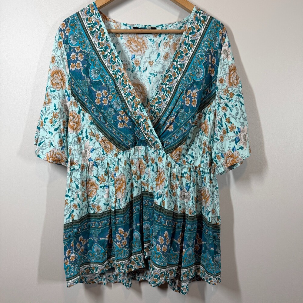 BloomChic Boho Floral Tunic Top Size 14-16 Blue Orange Rayon V-Neck